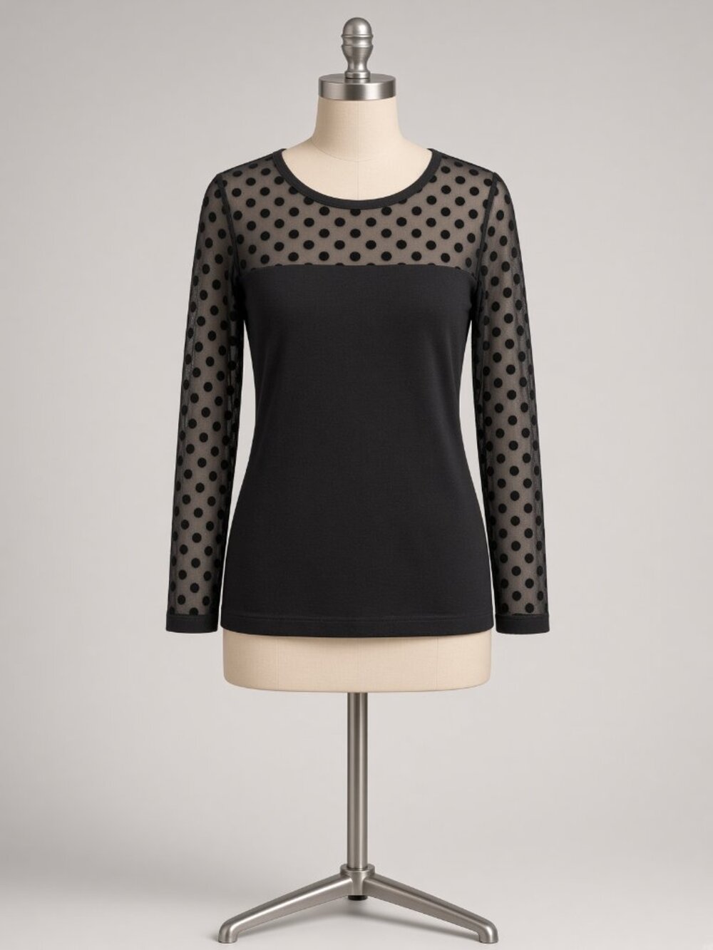 August Silk Black Knit Top with Velvet Sheer Polka Dot Sleeves